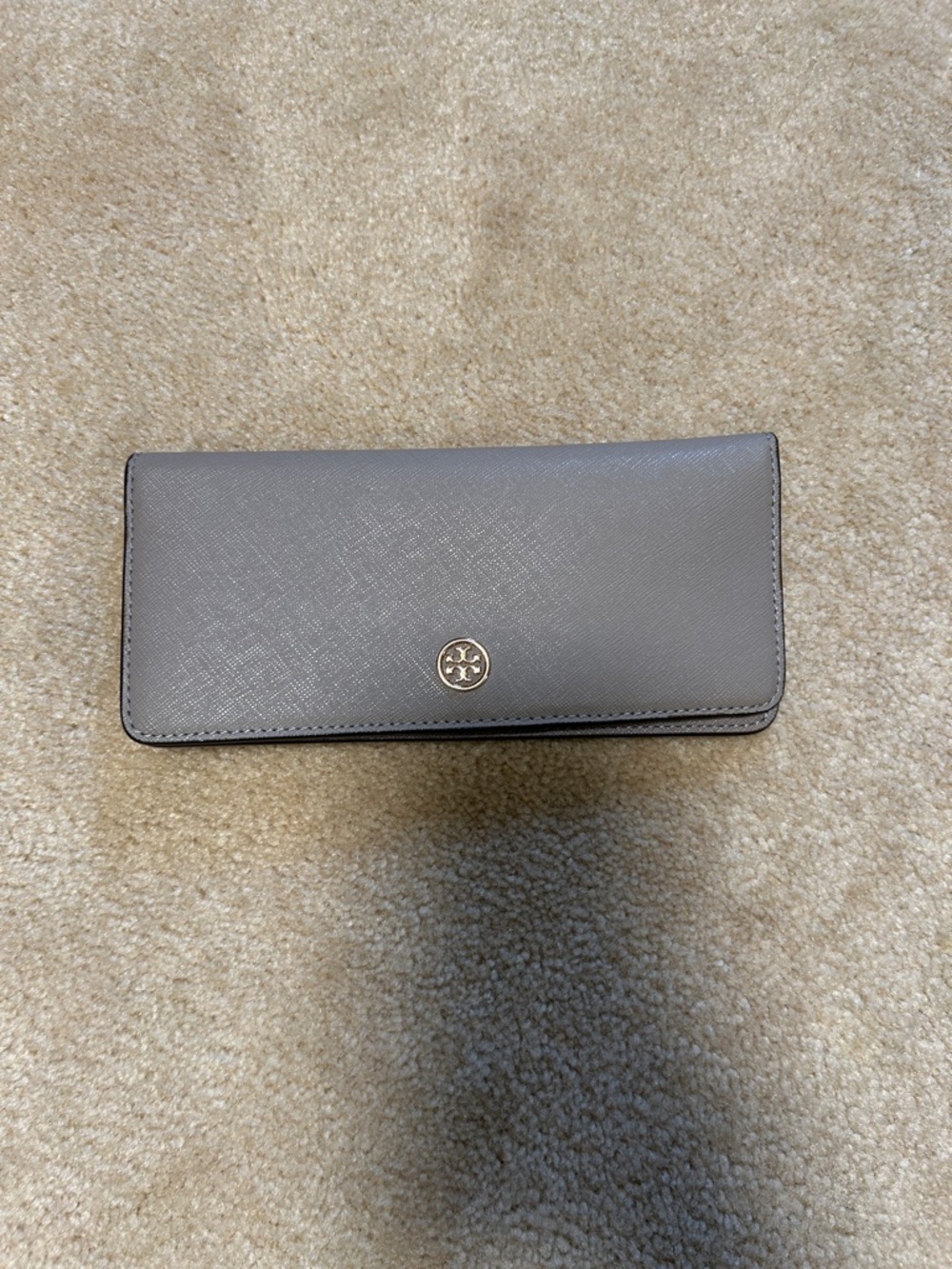Tory Burch Neutral Taupe Leather Fold Wallet with Gold Logo